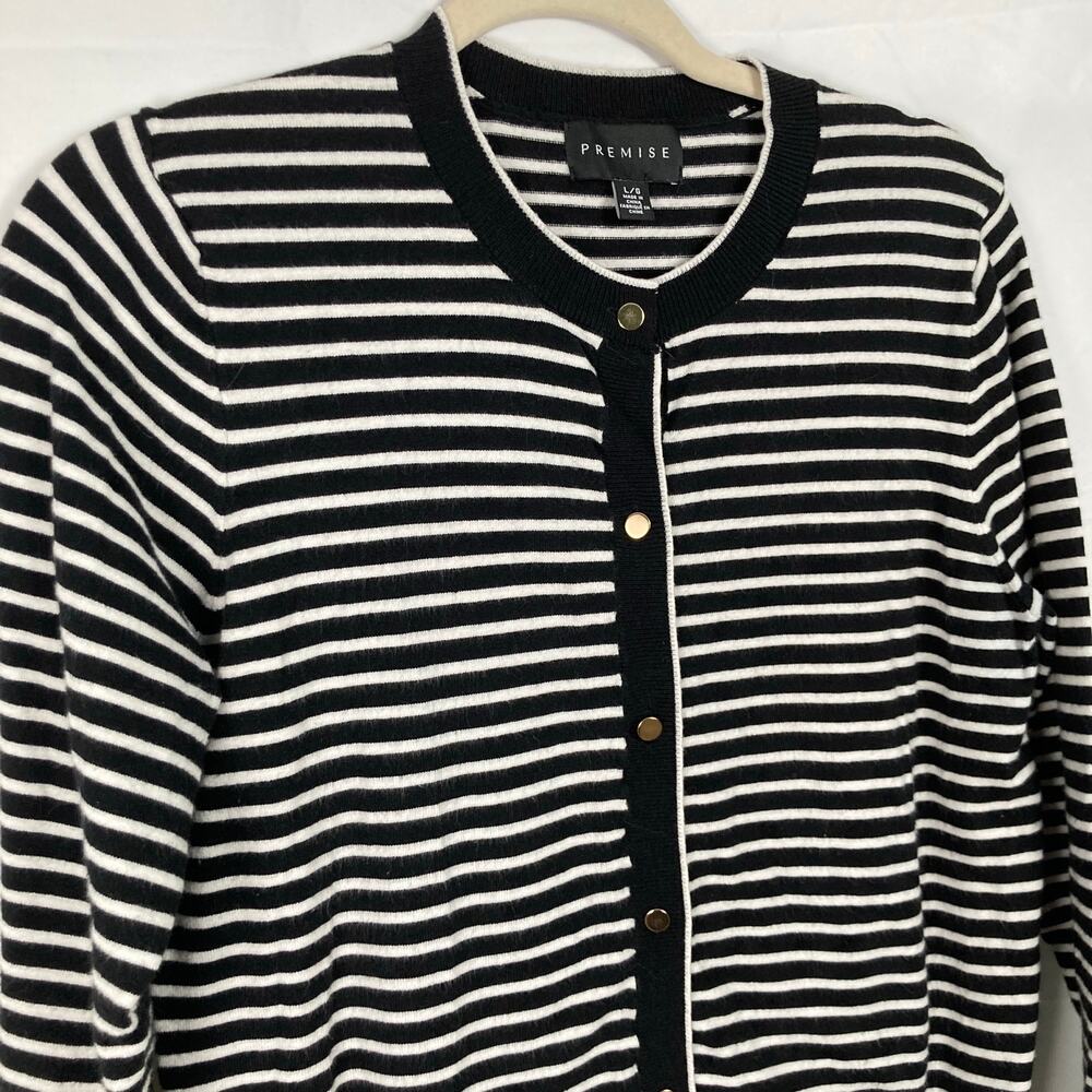 Premise Womens L Black & White Stripe Gold Button Cardigan Nautical Classic Prep